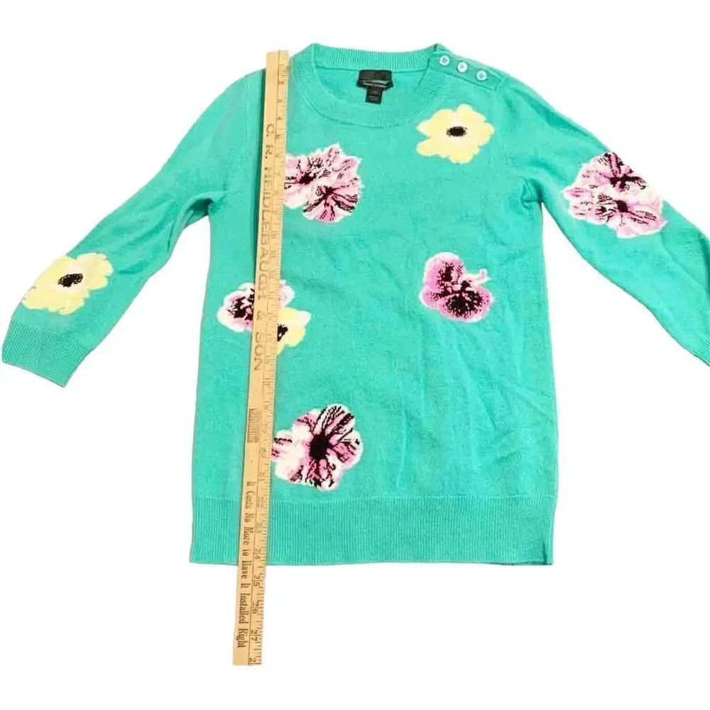 J. Crew Collection Italian Cashmere Green Floral Button Neck Sweater Women’s XS